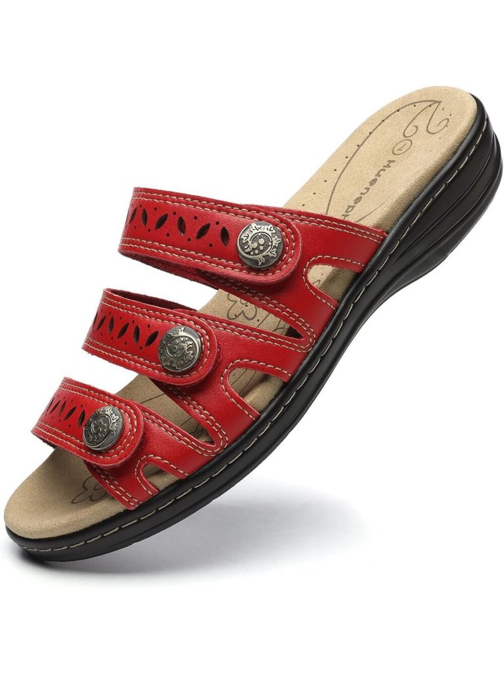 Women's Comfort Leather Slides Flat Sandals Red Slip On Casual Walking Slippers